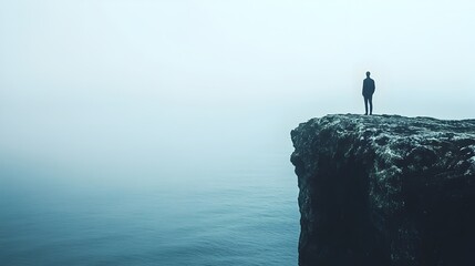 A lone figure stands at the precipice of a towering cliff facing the vast endless expanse of the open sea