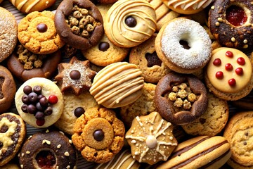 Chocolate biscuits and two cups of cappuccino Selection of sweet foods