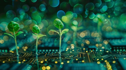 Aufkleber - Glowing green plants sprouting from computer chips, blurred circuit board background