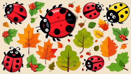 Wall Mural - sticker set, different cute funny cartoon ladybug