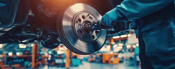 Wall Mural - Close-up of a mechanic working diligently using an advanced diagnostic tool on a car brake disc in an industrial workshop setting