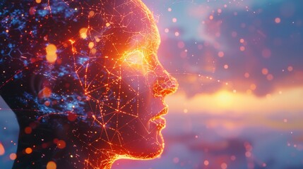 Aufkleber - Head with a glowing brain connected by radiant light strands, against a cutting-edge, digital landscape