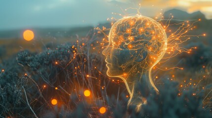 Aufkleber - Head with a glowing brain connected by radiant light strands, against a cutting-edge, digital landscape