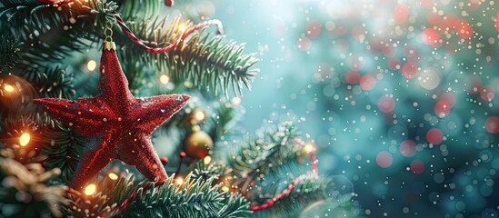 Poster - A New Year and Christmas backdrop featuring tree decorations. with copy space image. Place for adding text or design