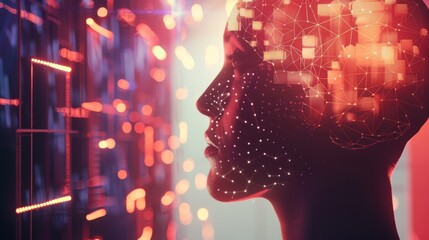 Aufkleber - Human head with a brain lit up by radiant lights and complex geometric shapes in the background, evoking a sense of advanced technology