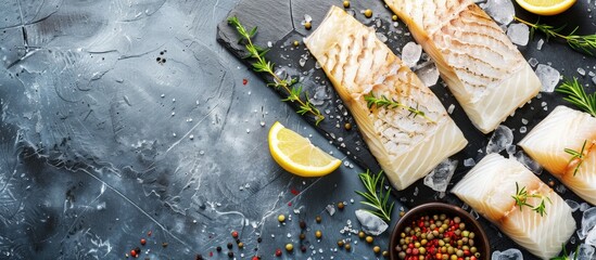 Cod fish seafood fillet fresh seafood dish food snack on the table copyspace food background rustic top view