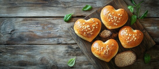 Leinwandbilder - Background featuring heart shaped buns grains and seeds on rustic wooden boards with ample copy space