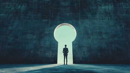 Wall Mural - person standing before a giant metaphorical keyhole symbolizing the key to unlocking success achieve