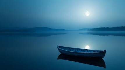 Lone wooden boat floating on a still calm lake under the soft glow of a full moon reflecting its serene light on the water s surface and creating a sense of peace and solitude