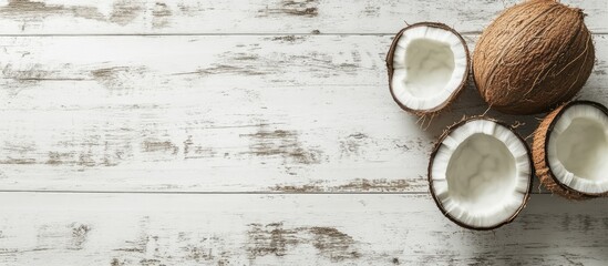 Aufkleber - coconut on a white wooden tabletop. with copy space image. Place for adding text or design