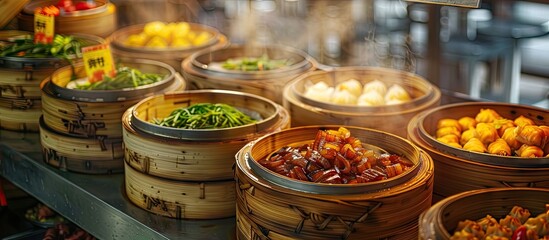 Leinwandbilder - Chinese cuisine steamed dim sum in a traditional bamboo steamer. with copy space image. Place for adding text or design