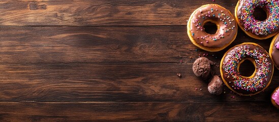 Poster - Assorted donuts on a wooden background viewed from above with empty space for text Chocolate and vanilla frosted donuts adorned with colorful sprinkles Glazed donuts with sprinkles on a wooden surfac