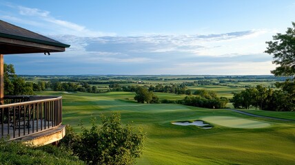 Breathtaking view of a golf course with lush green landscape and serene sky, perfect for relaxation and recreation.