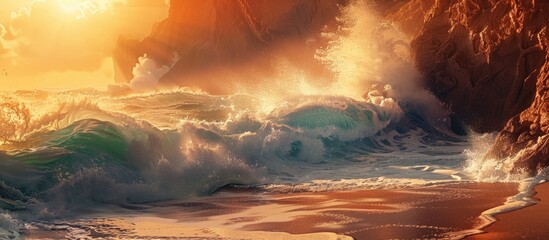 Aufkleber - Landscape of turbulent sea waves crashing against cliffs and sandy shore in the glow of the evening sun. with copy space image. Place for adding text or design