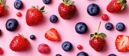 Fototapete - Strawberries and blueberries on a pink background top view. with copy space image. Place for adding text or design