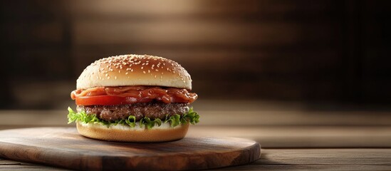 Leinwandbilder - Pork burger on a cutting board. with copy space image. Place for adding text or design