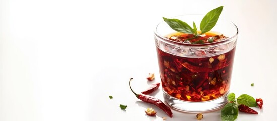 Poster - Red and green fresh chili in fish sauce Nam Pla in a clear glass isolated on a white background with a clipping selection path Selective focus on the fish sauce and chili. with copy space image