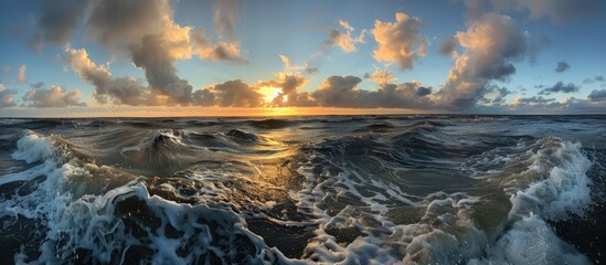 Wall Mural - Baltic Sea following the storm Striking sky radiant clouds gentle sunlight Waves and splashing water Beautiful scenery seascape nature Panoramic perspective. with copy space image