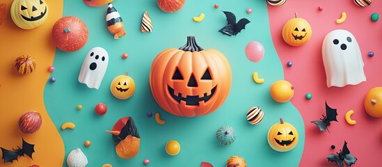 Poster - Halloween concept featuring cute objects against a colorful background Top view flat lay style. with copy space image. Place for adding text or design