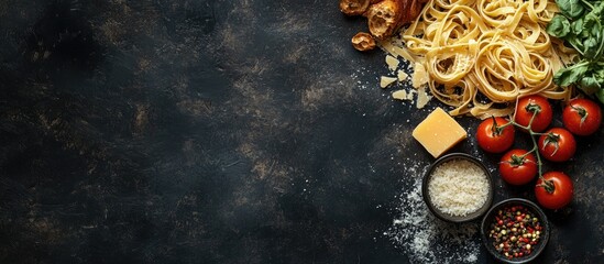 Poster - Pasta tomato tagliatelle and parmesan cheese meal snack on the table copyspace food background rustic top view