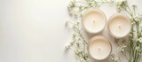 Set for homemade natural eco soy wax candles on a white background Crafting DIY candles Top view copyspace