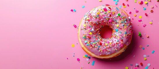 Leinwandbilder - Top view of a bitten doughnut adorned with colorful confetti on a vibrant pink background. with copy space image. Place for adding text or design