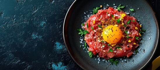 Aufkleber - Tartare steak Raw beef chopped with spices herbs and egg yolk A fresh spicy delicious gourmet dish set against a dark background with copy space close up Top view