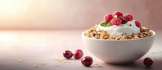 Poster - Bowl of granola with oats yogurt fresh raspberries and cranberries. with copy space image. Place for adding text or design
