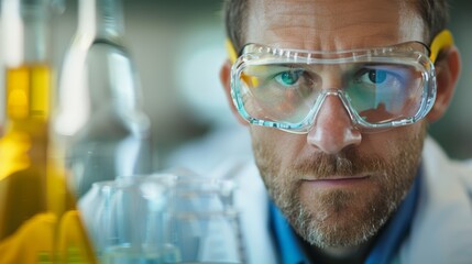 Researcher wearing safety goggles in a chemical lab