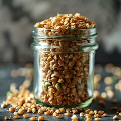 Wall Mural - Raw green buckwheat sprouted cereals, green buck wheat grains in jar, uncooked kasha sprouts heap