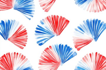 Wall Mural - A hand-drawn watercolor pattern in red, white, and blue with fan-like elements on the background