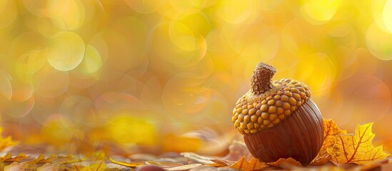 Wall Mural - Acorn on a yellow background Close up Copyspace