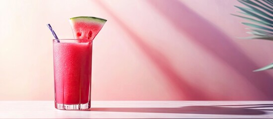 Wall Mural - A glass of fresh watermelon smoothie on a light colored table. with copy space image. Place for adding text or design