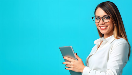 Portrait of nice attractive pretty fashionable lovely smart clever cheerful cheery straight-haired lady professor carrying laptop isolated over bright vivid shine blue green teal turquoise backgroun