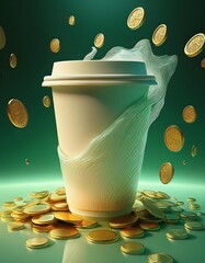 Coffee cup and gold coins, 3d rendering. Computer digital drawing