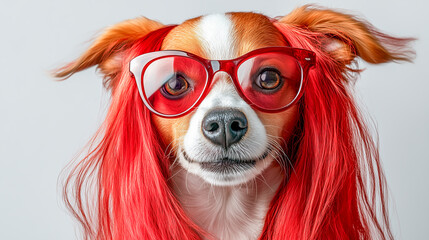 Wall Mural - Funny dog ​​in a bright wig isolated on a plain background with copy space. Dog grooming advertisement