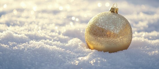 Poster - A single golden Christmas ball in the snow Close up and isolated Copyspace for additional text