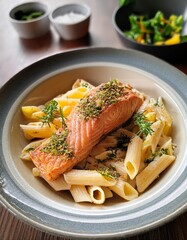 Wall Mural - Spaghetti with salmon and pesto sauce on a wooden table.