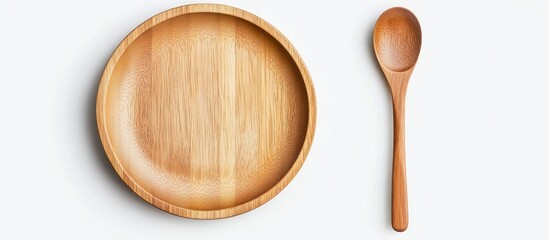 Poster - An empty wooden spoon and plate on a white background featuring wooden dishware and tableware. with copy space image. Place for adding text or design