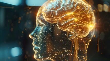 Poster - Transparent human head showcasing a luminous brain with pulsating lights, contrasted with a modern, technology-inspired background