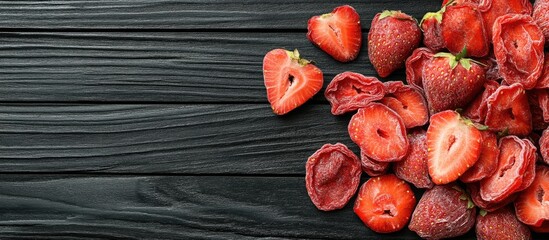 Aufkleber - Freeze dried and fresh strawberries on a black wooden table top view Area for text. with copy space image. Place for adding text or design
