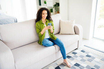 Wall Mural - Photo of adorable charming girl wear khaki stylish clothes enjoy weekend vacation home house day light indoors