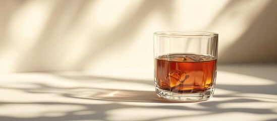 Aufkleber - A clear brown liquid in a glass on a light backdrop Selective focus. with copy space image. Place for adding text or design