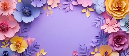 Poster - Frame adorned with colorful paper flowers on a violet background crafted from paper. with copy space image. Place for adding text or design