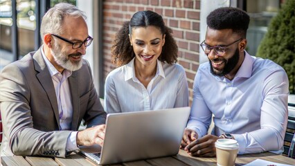 Poster -  business man woman and employee by laptop