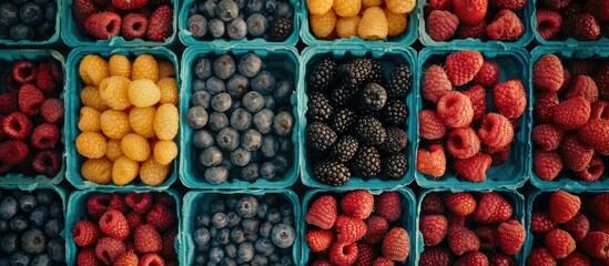 Leinwandbilder - A variety of fresh berries on a neutral background Organic and valuable food source Top view copy space