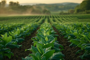 Field of tobacco plants basking in the sunlight