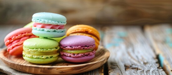 Poster - Multicolored macarons on a plate resting on green wooden boards arranged side by side on the surface with copy space