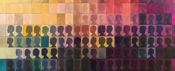 small squares of vibrant colors containing the outline of people's heads and faces form an abstract 