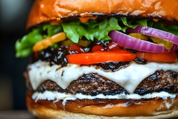 Wall Mural - Close-up of a Delicious Cheeseburger with Toppings